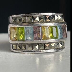 Vintage Sterling silver 925 Pastel panel Crystal marquesite ring Y2K 90’s